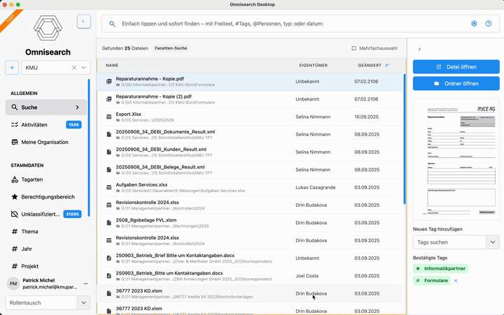 Omnisearch-Suchoberfläche mit gefilterten Dokumentresultaten